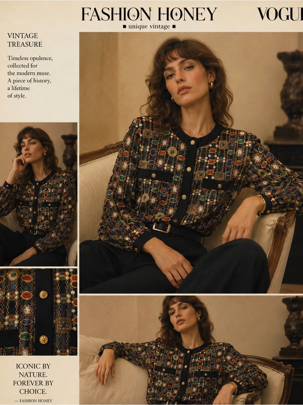 VTG 80s LA CHINE Galinda Wong Blouse Black Jeweled Print Button Front 6